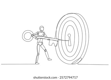 Oneline drawing of a robot figure inserting key into a large target lock minimalist vector illustration. ideal for business strategy, security, and success concepts, brochure, website, business card
