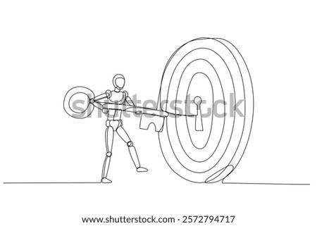 Oneline drawing of a robot figure inserting key into a large target lock minimalist vector illustration. ideal for business strategy, security, and success concepts, brochure, website, business card
