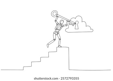 One-line drawing of a robot holding a key climbing stairs towards cloud lock minimalist vector illustration. Symbol of digital access. For technology and cloud security publications, posters, website