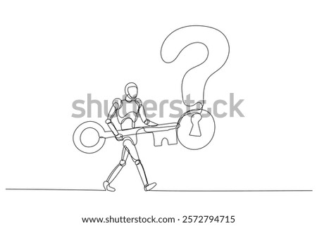 One-line drawing of a robot  holding key to a question mark lock. curiosity, solutions, decision-making, and problem-solving Concept. for business presentations, infographics, educational content
