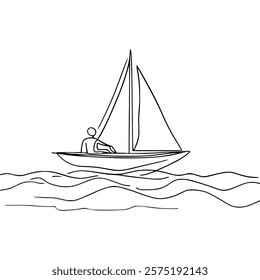 One-line drawing of a sailboat on the water. A simple, elegant one-line drawing of a sailboat with a person seated inside, navigating on a wavy sea.