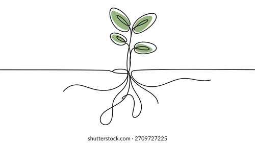 "Desenho mínimo de uma linha de uma pequena planta com raízes e folhas verdes simbolizando crescimento, natureza, sustentabilidade, ecologia, vida orgânica e conceitos ambientais para design moderno e ilu artístico