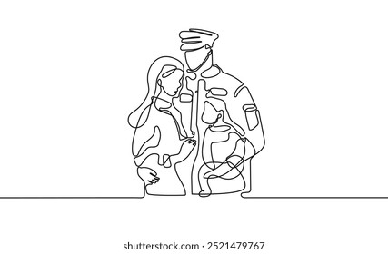 One-Line Drawing of a Soldier Reuniting with Family, A continuous line drawing of a soldier in uniform embracing their family, symbolizing reunion, love, and support. vector illustration