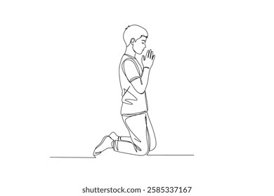 One-line drawing style, a praying boy on his knees in prayer with a white background