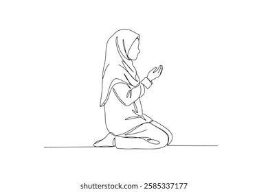 One-line drawing style, a simple line art of a 
Muslim girl praying on his knees