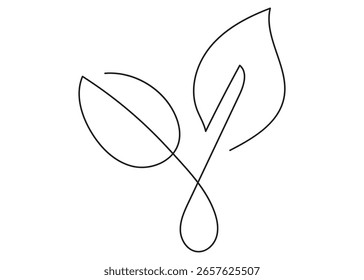 one-line drawing of two leaves. Elegant continuous line illustration representing nature, sustainability, and eco-consciousness. Ideal for environmental branding, eco-packaging, modern prints