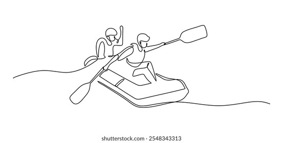 Desenho de uma linha de duas pessoas rafting abaixo de um rio, desfrutando de uma aventura ao ar livre emocionante