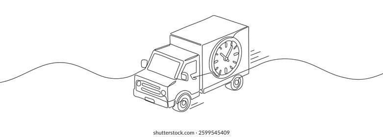 Сontinuous one-line drawing vector illustration of a delivery truck with a clock on its side, symbolizing express shipping, logistics, and fast service