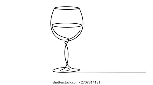 "Minimalistische einzeilige Zeichnung eines Weinglases in elegantem, durchgängigem Strichkunststil, symbolisiert Essen, Feiern, Luxus, Getränke, Gastfreundschaft, Barkultur und moderne künstlerische Einfachheit."