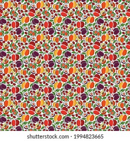 Oneline garden fruits seamless pattern(apple,pear,apricot,cherry,plum,gooseberry).Vector hand drawn illustration.Healthy food background.For fabric,textile,bunner,poster,wallpaper and other designs.