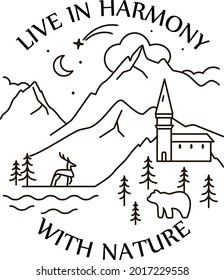 One-line illustration of a castle in a wild nature 