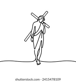 One-line line drawing of Jesus with a cross on his shoulder