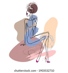 one-line model, modern drawing, shape styling, leggy, dark-skinned girl, handmade