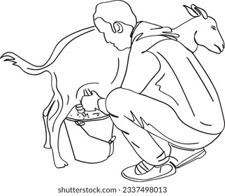 One-Line Sketch of Man Milking a Goat, Farm Life in One Line: Man Milking a Goat Illustrated