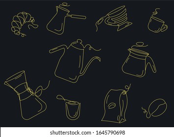 One-line style coffee makers set. Different kinds coffee mugs, coffee pot, glass, cup, turk, banana pour over on black background