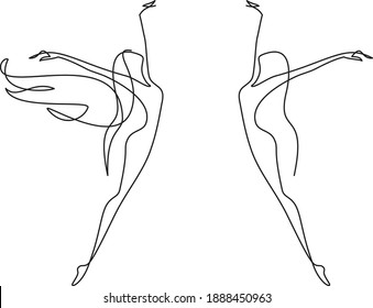 One-line vector drawing. Two girls. Emotions of happiness, flight, passion. Beautiful body, elegant shape.