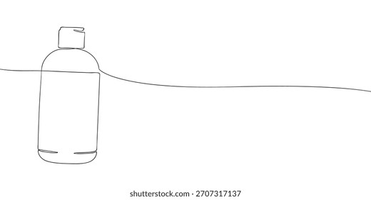 Ilustración vectorial de una línea de una botella con una tapa de tapa en un fondo blanco y una línea curva que fluye, conveniente para el champú, la loción, o los temas cosméticos del diseño.