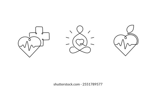 One-Line Wellness Icons: Simple and Elegant Logo Designs. Minimalist Health and Wellness Logo Symbols: Vector Line Art. Holistic Health Logo Icons.