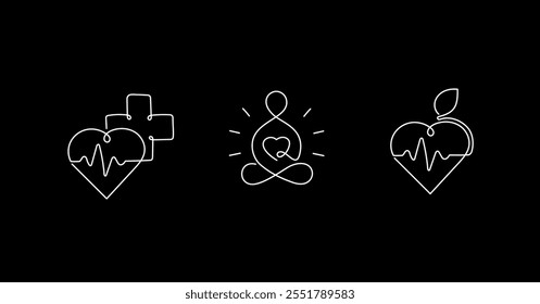 One-Line Wellness Icons: Simple and Elegant Logo Designs. Minimalist Health and Wellness Logo Symbols: Vector Line Art. Holistic Health Logo Icons.