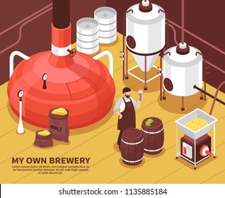 One-man brewery facility with barley sacks malting heating fermentation equipment and proud owner isometric vector illustration 