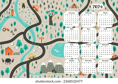 Calendario infantil de una página de 2024 con mapa de dibujos animados. La semana comienza el domingo. Ilustración vectorial con carreteras, coches y ríos para la decoración de la sala de juegos