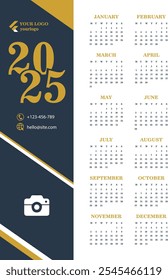 One-page 2025 corporate calendar, with place for logo and photograph. Business wall calendar design.