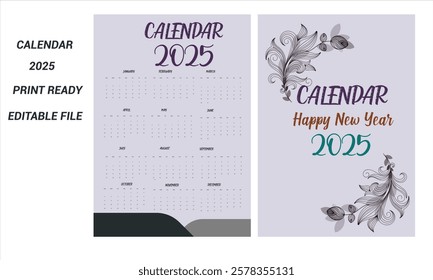 One-page wall calendar for 2025, Week starts on Sunday. One-page wall calendar template design. Minimalist style 2025 one-page corporate calendar template | Professional wall calendar design