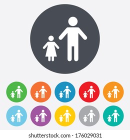 One-parent family with one child sign icon. Father with daugther symbol. Round colourful 11 buttons. Vector
