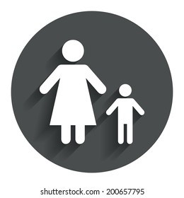 One-parent family with one child sign icon. Mother with son symbol. Circle flat button with shadow. Modern UI website navigation. Vector