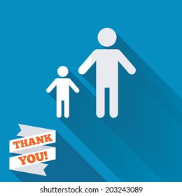 One-parent family with one child sign icon. Father with son symbol. White flat icon with long shadow. Paper ribbon label with Thank you text. Vector