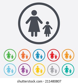 One-parent family with one child sign icon. Mother with daughter symbol. Round circle buttons with frame. Vector