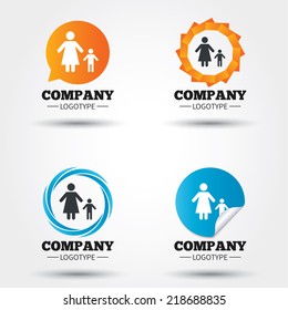 One-parent family with one child sign icon. Mother with son symbol. Business abstract circle logos. Icon in speech bubble, wreath. Vector