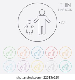 One-parent family with one child sign icon. Father with daughter symbol. Thin line circle web icons with outline. Vector