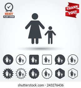 One-parent family with one child sign icon. Mother with son symbol. Circle, star, speech bubble and square buttons. Award medal with check mark. Thank you ribbon. Vector