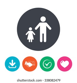 One-parent family with one child sign icon. Father with daughter symbol. Download arrow, handshake, tick and heart. Flat circle buttons.