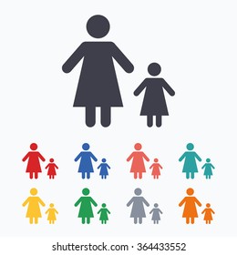 One-parent family with one child sign icon. Mother with daughter symbol. Colored flat icons on white background.