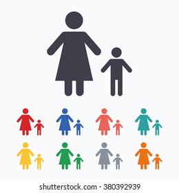 One-parent family with one child sign icon. Mother with son symbol. Colored flat icons on white background.