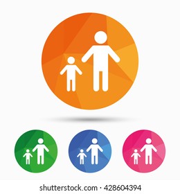 One-parent family with one child sign icon. Father with son symbol. Triangular low poly button with flat icon. Vector