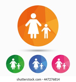 One-parent family with one child sign icon. Mother with son symbol. Triangular low poly button with flat icon. Vector