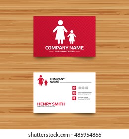 One-parent family with one child sign icon. Mother with daughter symbol. Business card template with phone, globe and pointer icons. Visiting card design. Vector