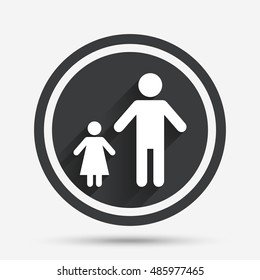 One-parent family with one child sign icon. Father with daughter symbol. Circle flat button with shadow and border. Vector