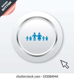 One-parent family with two children sign icon. Father with son and daughter symbol. White button with metallic line. Modern UI website button with mouse cursor pointer. Vector