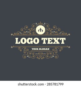 One-parent family with two children sign icon. Father with son and daughter symbol. Flourishes calligraphic ornament. Vector