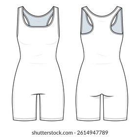 One-Piece Active Bodysuit Technical Fashion Illustration. Sleeveless Fitted Unitard with Scoop Neckline Vector Template. Front and Back View. Activewear. Women’s Athleisurewear. CAD Mockup set.