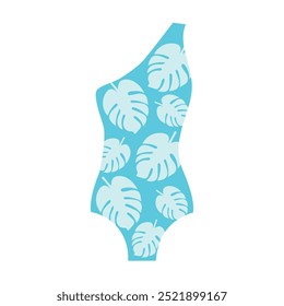 One-piece blue swimsuit with palm leaves. Vector illustration of women's clothing for swimming, beach vacation. Colored clothing icon, eps 10