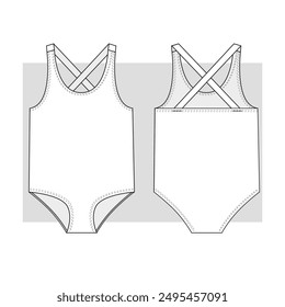 One-piece sports swimsuit with elastic bands on back. Technical sketch. Vector illustration.