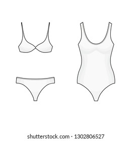 One-piece swimsuit, bikini. Vector icons isolated on white background.