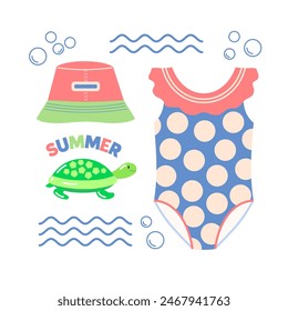 One-piece swimsuit blue with beige polka dots with ruffles for little girl, Panama hat, green toy turtle. Cute vector illustration on theme of summer family holiday with children on beach by sea.