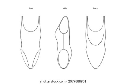 One-piece swimsuit, flat sketch, front - side - back views