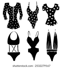 Coleção de ícones de maiô de uma peça só. Formas estilizadas simples em preto. Moda clip art. Frente, preto e branco